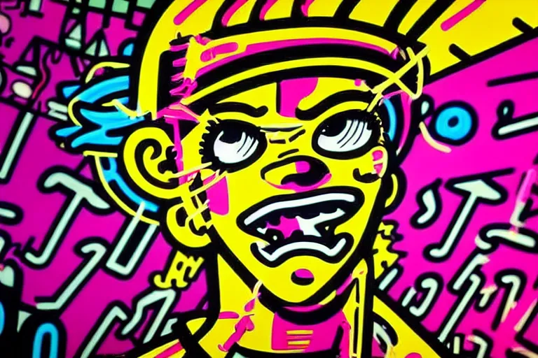 Image similar to pop art of a punk at a japanese metal concert in a cyberpunk world, bright neon colors, intricate details, complementary colors, detailed face, backlighting, octane render, depth of field, extremely detailed, trending in artstation, focus on face, sharp focus, radiant light, beautiful composition, drawn by roy lichtenstein, keith haring, romero britto