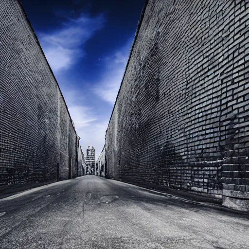 Prompt: landscape photo, vast empty city with gigantic walls, very long,