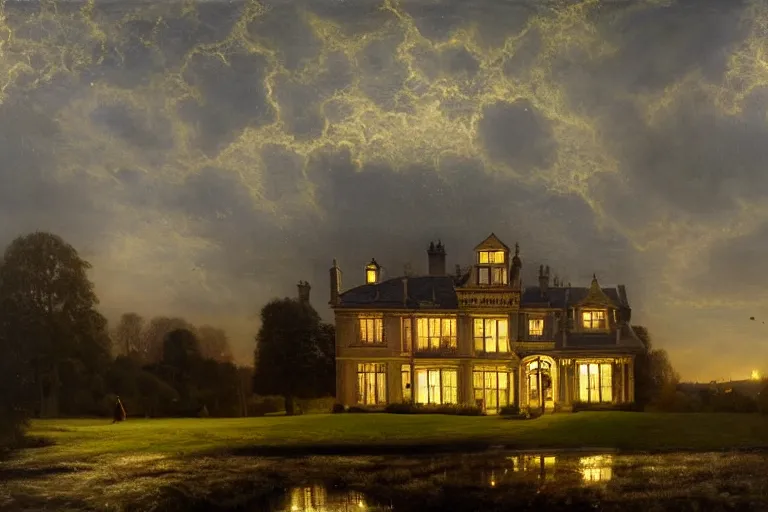 Image similar to a beautiful hyperrealistic painting of a british victorian house with a tower at night, very detailed by andrea kowch, and giovanni paolo paninni and samuel and joseph newsom