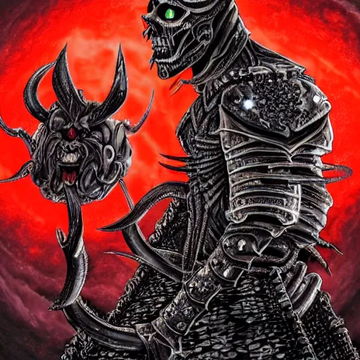 Image similar to a dark matter angry portrait demon in iron armor with diamonds sits on the black throne of death and looks with red eyes into the darkness against the background of a bright red sun