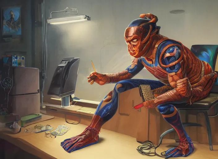 Image similar to an insanely detailed painting of an asian man wearing a homemade superhero costume, sitting at a desk, staring seriously at the computer and typing, in the style of peter mohrbacher, james jean, artgerm, dramatic lighting and composition, surreal background, octane render, pixar, trending on artstation, concept art, comic book, view from behind, 8 k