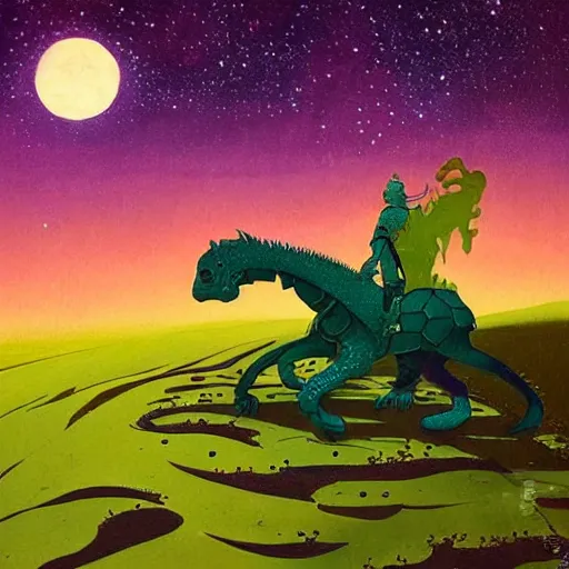 Prompt: beautiful ultra detailed painting of a knight riding a green creature on the surface of mars by eyvind earle, starry sky, vibrant colors, 8K, high quality, masterpiece, best of artstation