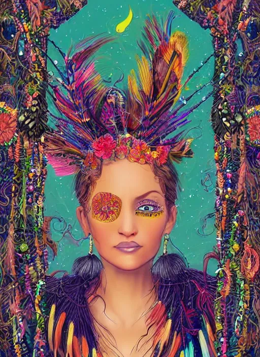 Image similar to beautiful portrait of a witch goddess wearing fantastic dress,embellished beaded feather decorative fringe knots ,colorful pigtail,subtropical flowers and plants,perfect symmetrica body shape,symmetrical face,intricate,elegant,highly detailed,8k,post-processing,digital painting,trending on pinterest,harper's bazaar,concept art, sharp focus, illustration, by artgerm,Tom Bagshaw,Lawrence Alma-Tadema,greg rutkowski,Alphonse Mucha,golden ratio
