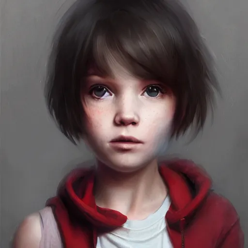Image similar to a tiny girl with short red hair wearing a hoodie, digital art, cute face, very beautiful face, pretty face, very detailed eyes, full body illustration, 8 k resolution, soft painting, by greg rutkowski, wlop, rossdraws,