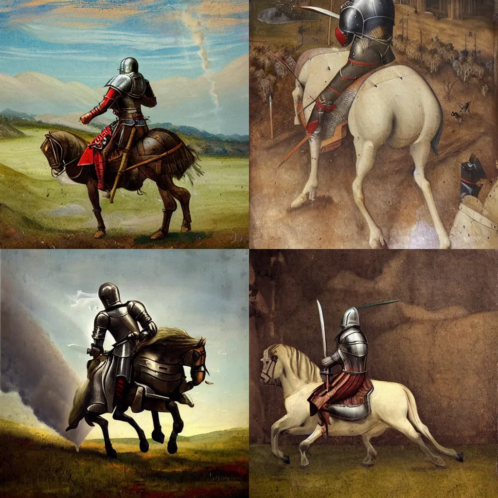 Prompt: 14th century painting of lonely medieval knight on a battlefield, in full growth from the back, epic artwork by, atmospheric, natural light by Jaromir Hrivnac