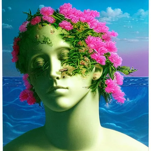 Image similar to a surreal vaporwave vaporwave vaporwave vaporwave vaporwave painting by Thomas Cole of an old pink mannequin head with flowers growing out, sinking underwater, highly detailed