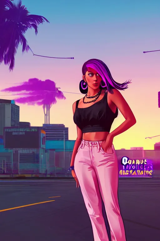 Image similar to a stunning GTA V loading screen with a beautiful woman with ombre purple pink hairstyle, hair blowing in the wind, hoop earrings, sunset mood, outrun, vaporware, retro, digital art, trending on artstation