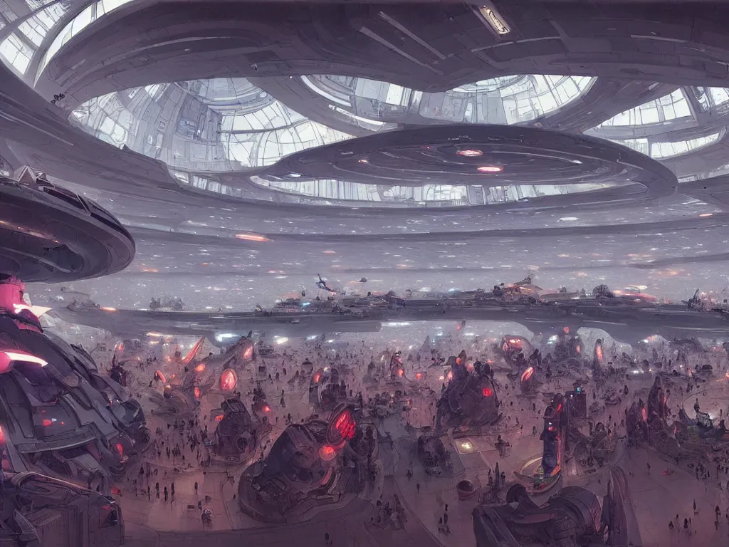 Image similar to the interior of a futuristic spaceport, large crowd of people, by kim jung gi and greg rutkowski, rule of thirds