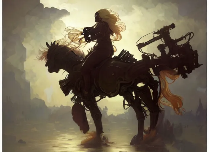 Prompt: a giant poney with a giant cannon in his back, exoskeleton, technology, chimeric, elegant, highly detailed, digital painting, artstation, concept art, smooth, sharp focus, illustration, art by krenz cushart and artem, demura and alphonse mucha