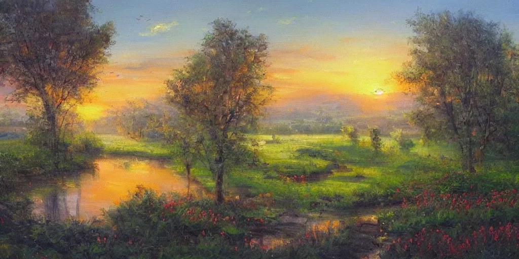 Image similar to an extraordinarily beautiful oil painting of a landscape in spring during sunrise ; the most beautiful painting in the world