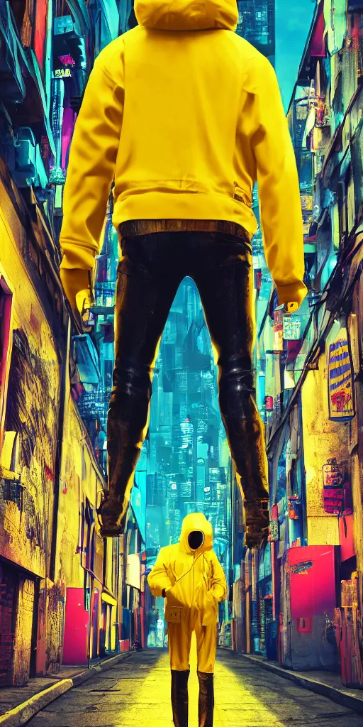 Prompt: person in a yellow jacket in a cyberpunk alley, pop art, rtx, 8 k, ray tracing, highly detailed,