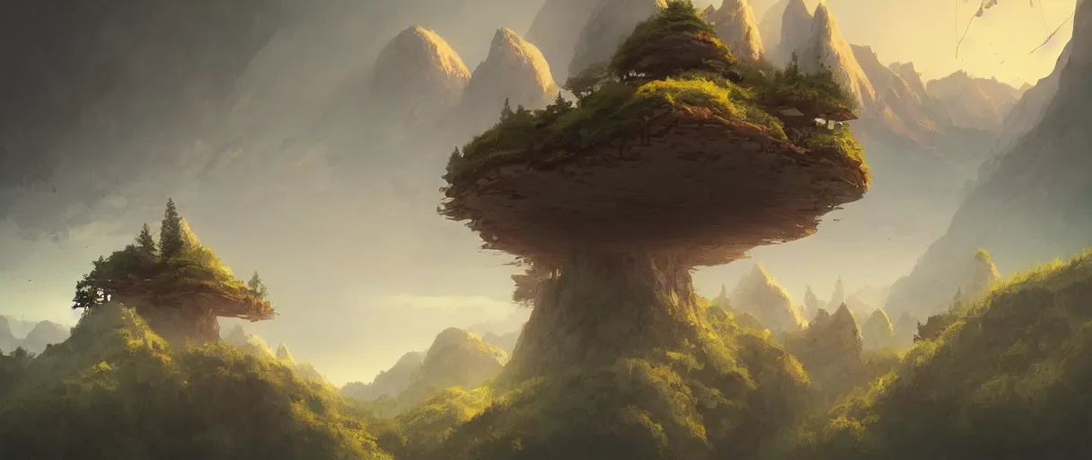 Image similar to floating islands over forest, mountains in background, concept art, low angle, cinematic, style of jordan grimmer