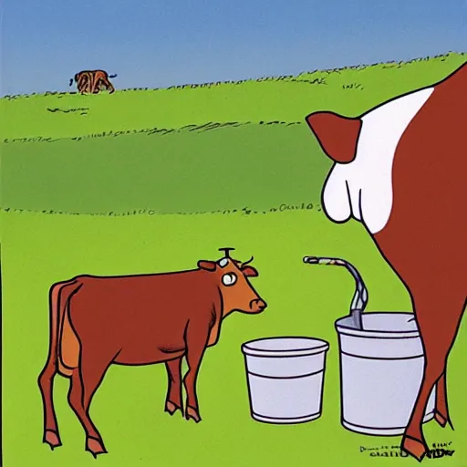 Image similar to a cow points at a bucket, far side, illustrated by gary larson