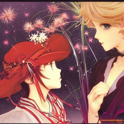 Image similar to two beautiful girls watching fireworks, digital art, by range murata, akiyuki shinbou, alphonse mucha, masamune shirow, josan gonzales, highly detailed, realistic, cinematic, trending on pixiv fanbox