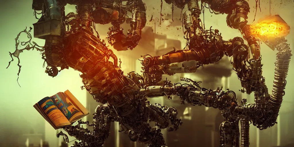 Image similar to A frightening multi armed evil robot devouring books with pipes and tubes and pages floating down, hyperealistic very colourful hdr cinematic lighting cgi render photorealistic cinematic octane render  -H 768