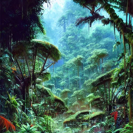 Prompt: a village in the rainforest, highly detailed, beautiful, sharp focus, vine, lush plants, artstation, by john berkey