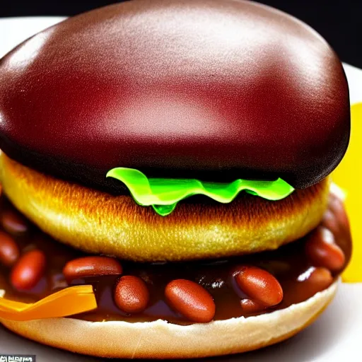 Prompt: a hamburger made of plastic, melting into baked beans