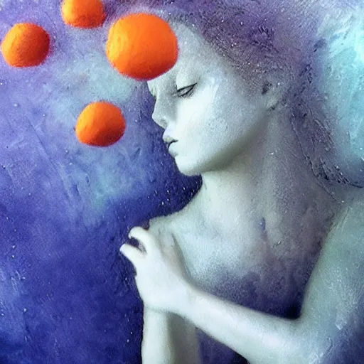 Prompt: rigorous underwater photography, deep depth of field by dorina costras. a sculpture of a young woman holding an orange