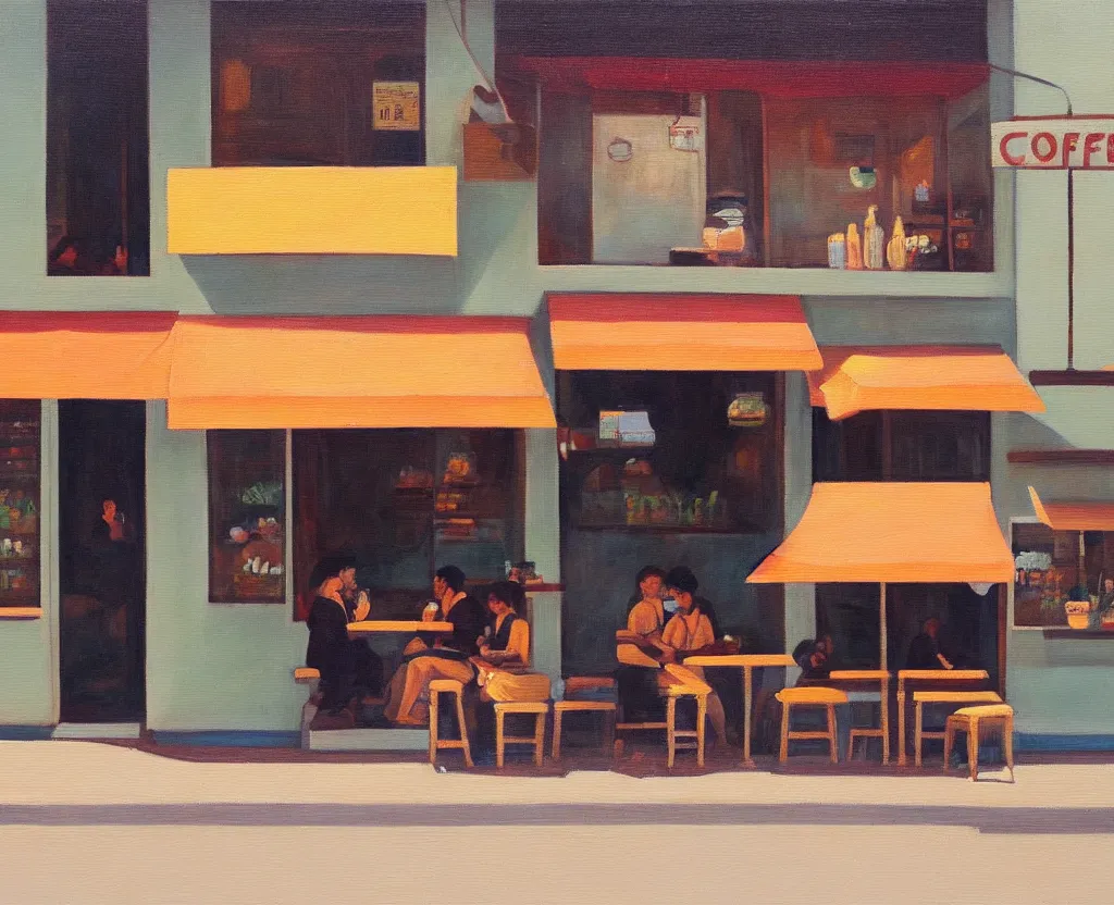 Image similar to a serene painting of a street - side coffee shop