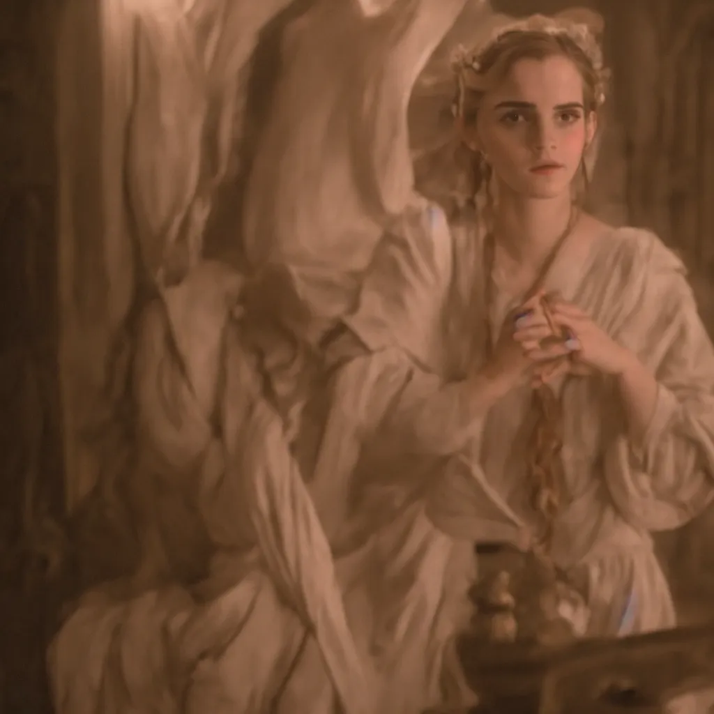 Image similar to closeup centre frame Emma Watson long hair flowing robes baroque room cinematic lighting stanley kubrick barry lyndon 4k canon 5d mk4