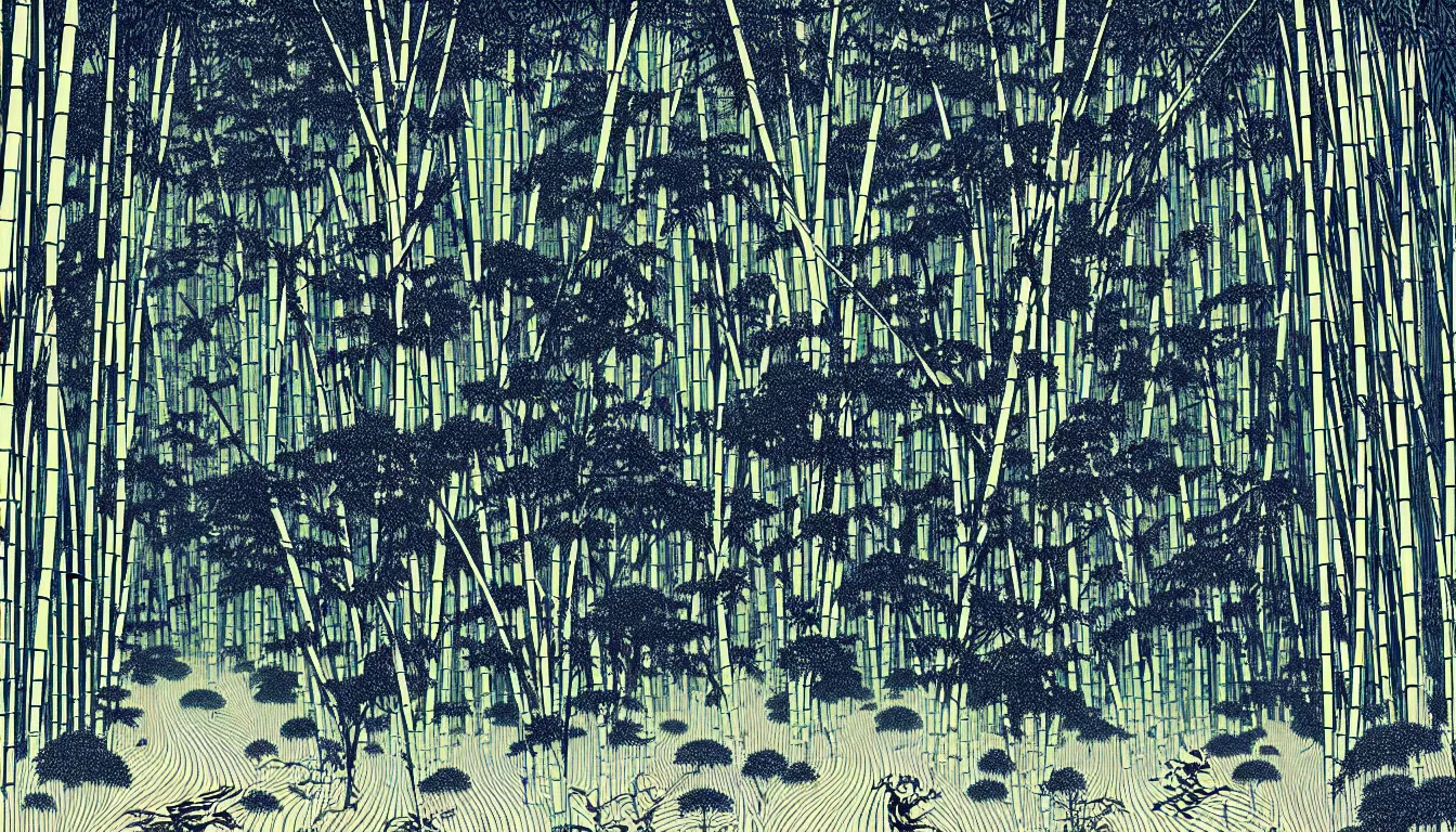 Image similar to bamboo forest by woodblock print, nicolas delort, moebius, victo ngai, josan gonzalez, kilian eng