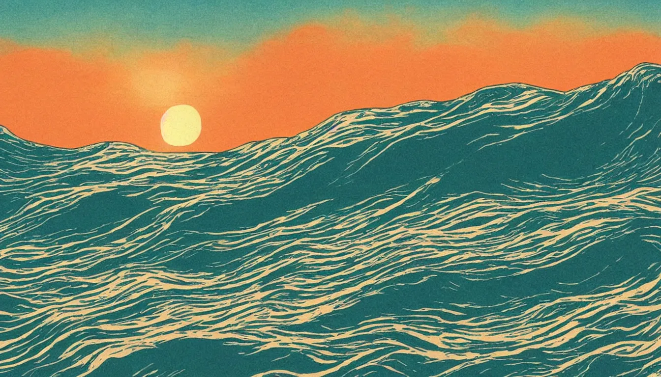 Image similar to ocean waves, setting sun, japanese illustration