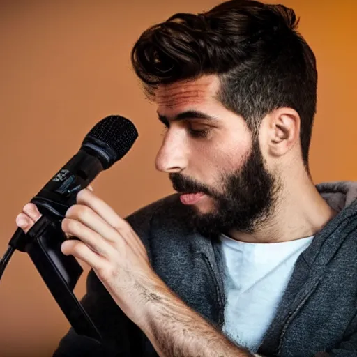 Image similar to handsome Portuguese male twitch streamer looking confused at his expensive microphone which isn't working, high quality photo, 4k