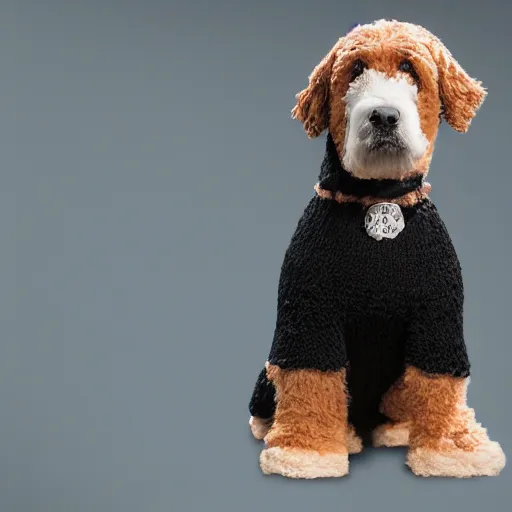 Image similar to a closeup photorealistic photograph of a cute smiling knitted bernedoodle judge dog dressed in a black gown, presiding over the courthouse. indoor image, professional capture, well lit shot. this 4 k hd image is trending on artstation, featured on behance, well - rendered, extra crisp, features intricate detail, epic composition and the style of unreal engine.