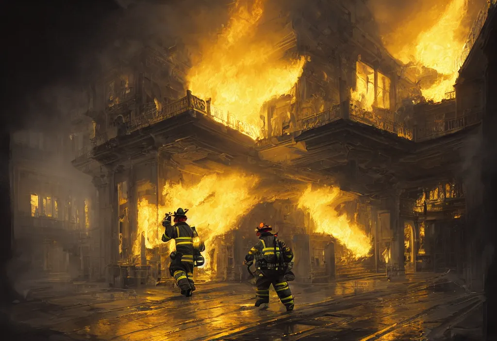 Image similar to an heroic firefighter in action in black and yellow uniform, inside the white house, fire flames, sharp details, sharp focus, photorealistic, octane, hyper detailed, trending on deviantart, illustration, by jordan grimmer and greg rutkowski and pine ( ハイネ ), intricate