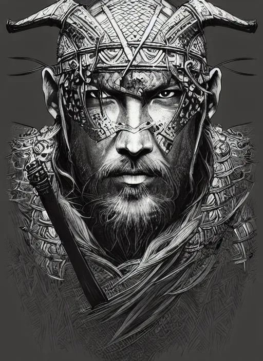 Prompt: portrait of a viking warrior, sumi - e style, masterful, ultrafine hyperdetailed illustration, concept art, detailed, intricate linework, art by yoji shinkawa