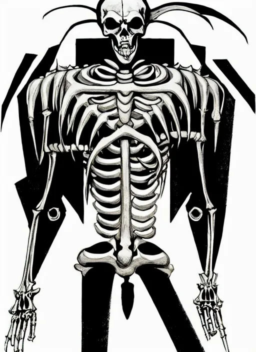 Image similar to shin megami tensei art of a demon that is a skeleton soviet soldier from 1 9 2 0 s, art by kazuma kaneko, demonic! compedium!, law aligned, digital drawing, white background, very high quality, very highly detailed