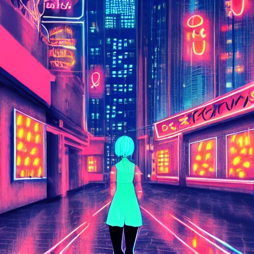 Image similar to woman lost in a city at night, neon lights, awesome, digital art, anime