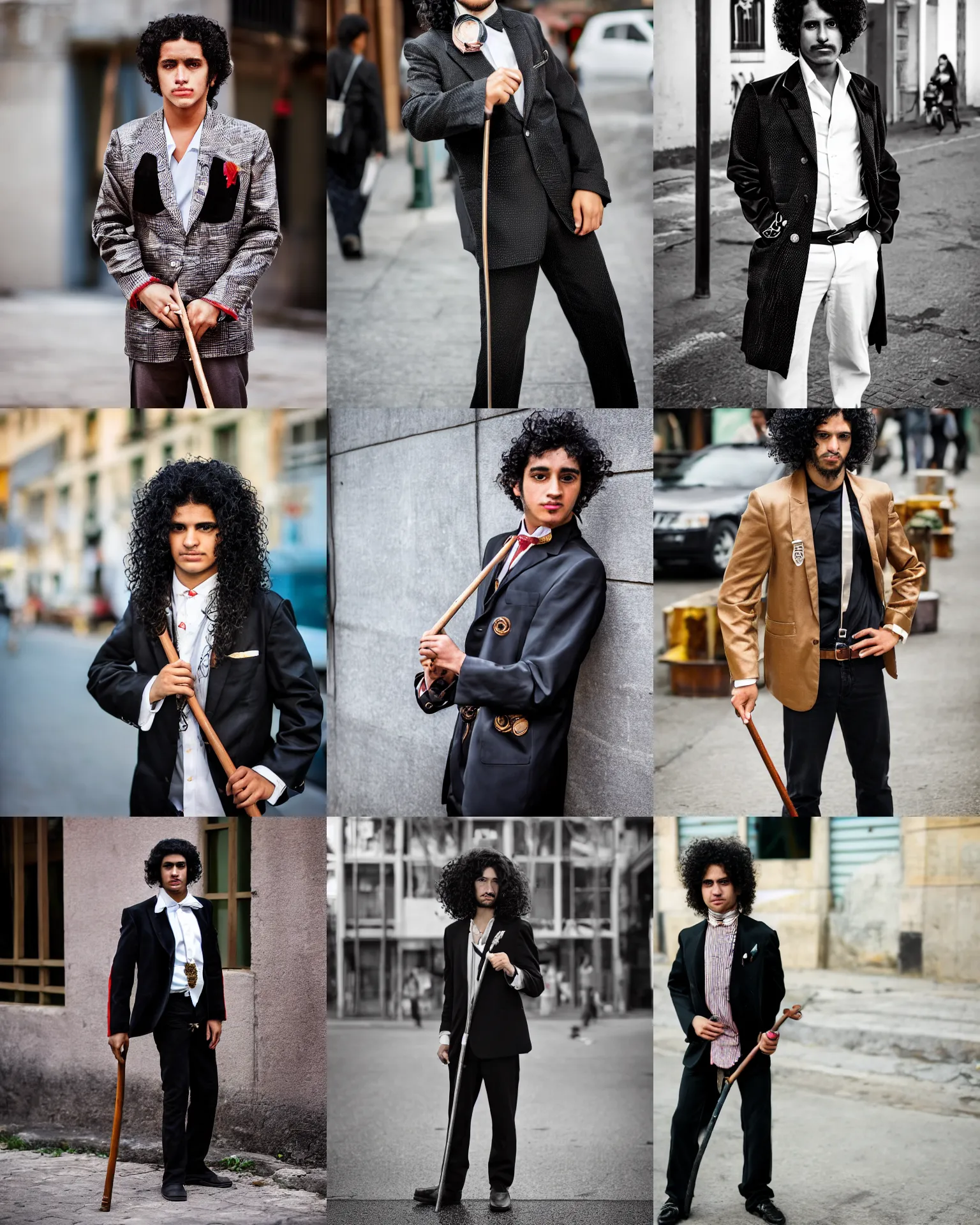 Prompt: a young brazilian pimp with a cane, wearing a fancy jacket, long black curly hair, high quality, sigma 8 5 mm, color photo, street photography