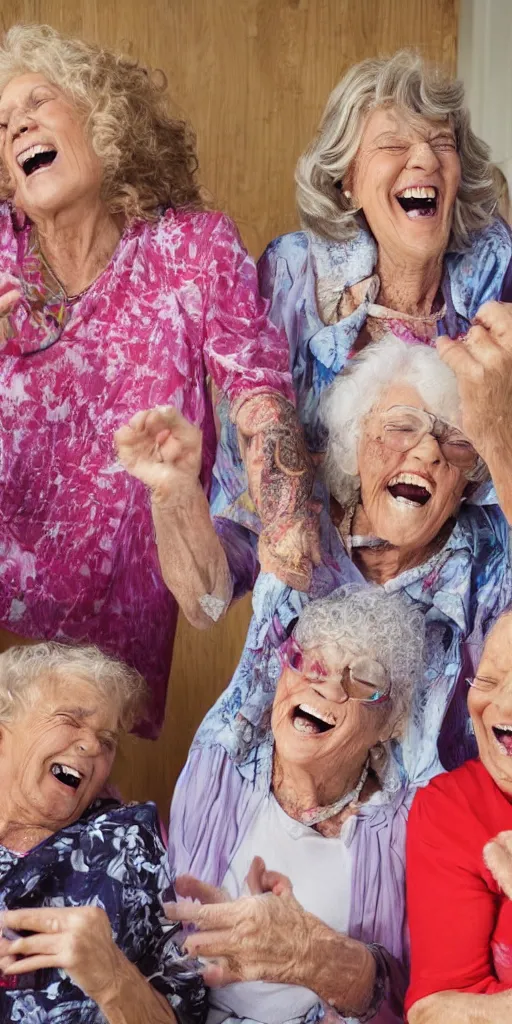 Prompt: laughing grandmas on acid in the house