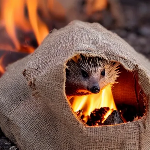 Prompt: hedgehog in a burlap bag, hyper realistic, photography, campfire in background