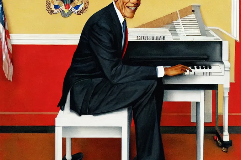 Image similar to a portrait Barack obama wearing an american flag tuxedo suit and playing the piano by normal rockwell