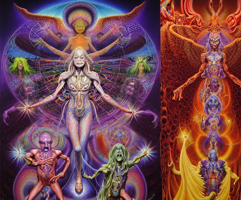 Prompt: realistic detailed image of a friendly figures of psychedelic gods, angels and demons made of light dancing in the outer 5th dimensional field by Alex Grey, by Ayami Kojima, Amano, Karol Bak, Greg Hildebrandt, and Mark Brooks. rich deep colors. Beksinski painting, part by Adrian Ghenie and Gerhard Richter. art by Takato Yamamoto. masterpiece