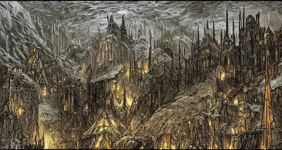 Prompt: Masterfully drawn mspaint art piece of middle-earth's 'Mines of Moria' by James Gurney. View from underground within ancient dwarven mining equipment and architecture. Amazing beautiful incredible wow awe-inspiring fantastic masterpiece gorgeous fascinating glorious great.