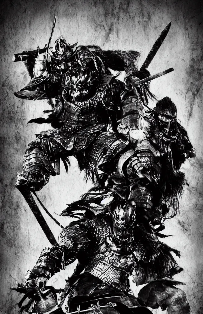 Image similar to movie film poster art for samurai vs predator film shot in feudal japan staring hiroyuki sanada. in the style of ansel adams, frank frazzetta, warcraft