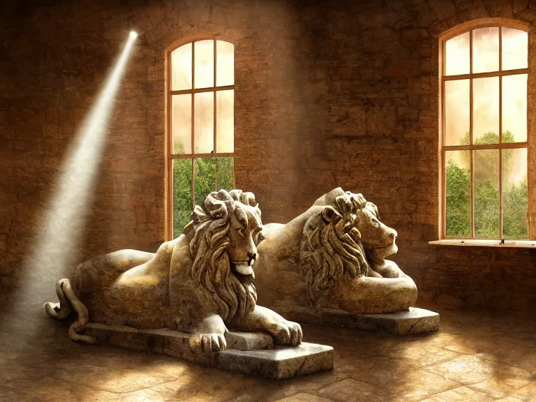 Prompt: expressive rustic oil painting, a stone workshop with in the center an impressive large statue of a marble lion, dust, ambient occlusion, morning, rays of light coming through windows, dim lighting, brush strokes oil painting