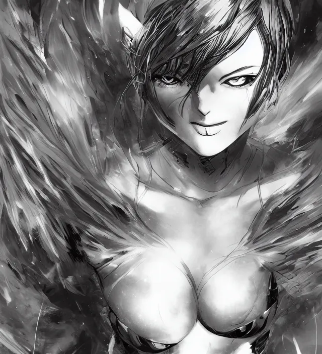 Image similar to hd manga anime half body portrait of a girl demonbot in ishikawa ken miura kentaro frank miller jim lee alex ross style detailed trending award winning on flickr pixiv artstation