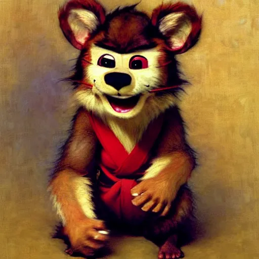 Prompt: a portrait of a furry hamato yoshi splinter wearing a red kimono, hairy, furry body, furry arms, feet, tail. highly detailed painting by gaston bussiere, craig mullins, j. c. leyendecker, furry