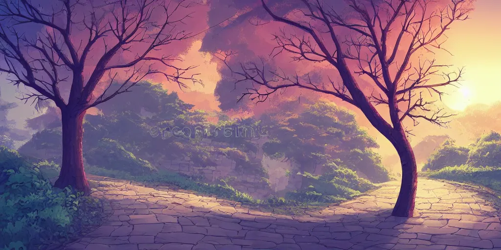 Image similar to a lonely cobblestone street with a tree on a cliff over the sea at sunset, 2d illustration, kawaii manga style, flat style, artstation