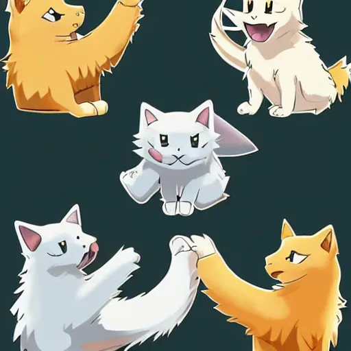 Prompt: golden retriever high fiving 3 gray and white cats in pokemon art style