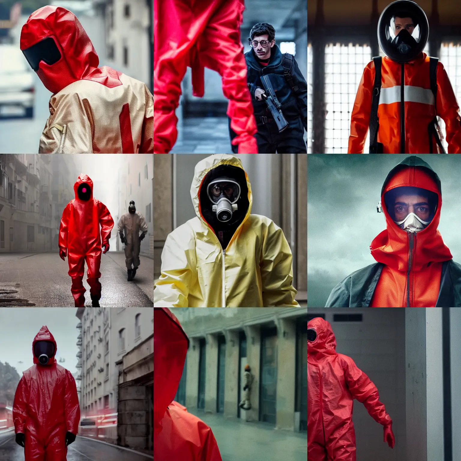 Prompt: still from money heist, extreme long shot of a man in a bloody hazmat suit, award winning photo, high detail, atmospheric, 8k