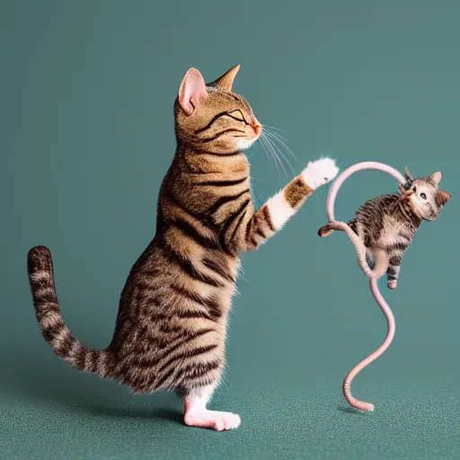 Prompt: a cat dancing with a mouse servant, tilt shift