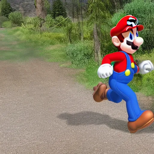 Prompt: a trailcam image of Mario running away from Bowser