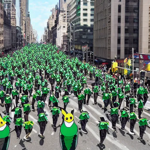 Image similar to a parade of pokemon marching down 5 th ave manhattan on st. patrick's day, 8 k, photo realistic, extremely life like