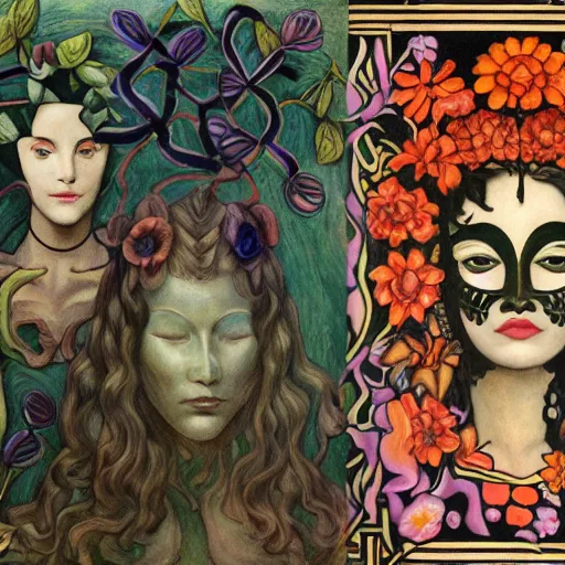 Image similar to a facemask made of stylized flowers, by evelyn de morgan and diego rivera and john watkiss and annie swynnerton, art deco shaman, art brut, symbolist, dramatic cinematic lighting, god rays, iridescent beetles, clean crisp graphics, smooth sharp focus, extremely detailed