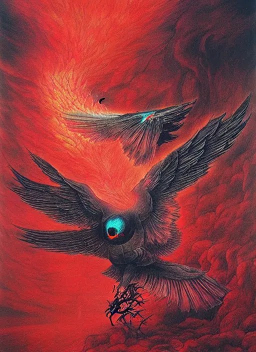 Image similar to a side view of spirit of chthonic demonic pigeon with red eyes, on background red lake on fire, highly detailed, art by Ayami Kojima, Beksinski, Giger